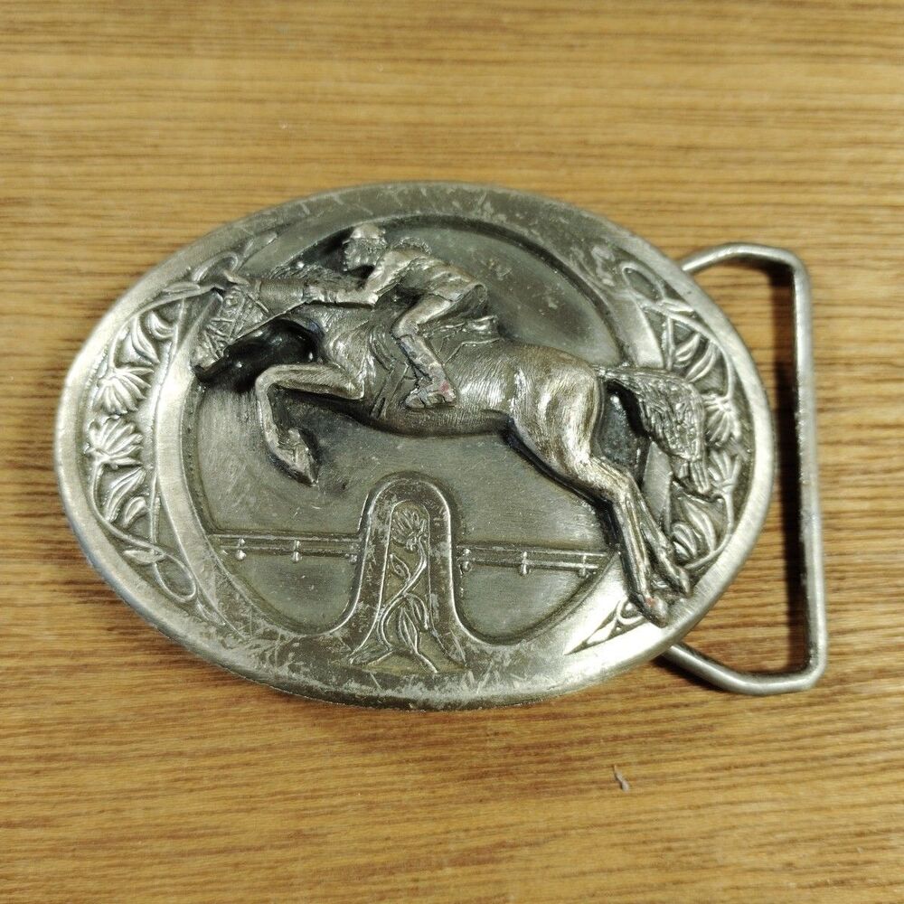 Vintage Belt Buckle Horse & Rider Jumping Thoroughbred 1985 Bergamot Brass Works